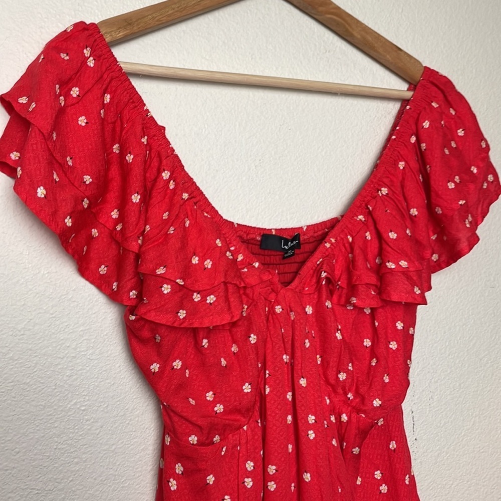 Lulus Women’s Pretty Flowers Red Floral Print Ruffled Mini Dress Size M - Picture 3 of 10